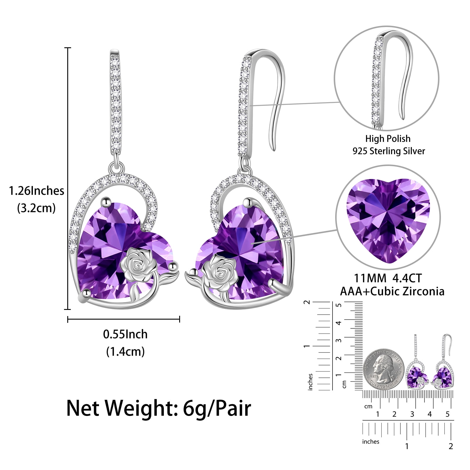 Juwaliy 925 Sterling Silver Earrings Women Heart February Birthstone Hook Dangle Earring Amethyst Purple Rose Jewelry Mother Valentine's Day Gift