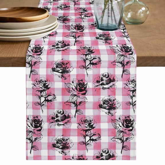 Valentine's Day Cotton Linen Table Runner for Dining Kitchen, Black Roses Floral Pink Plaid Vintage Wedding Outdoor Party Tablerunners Decoration, Dresser Scarf Coffee Tablecloth Runners 13x60 Inches