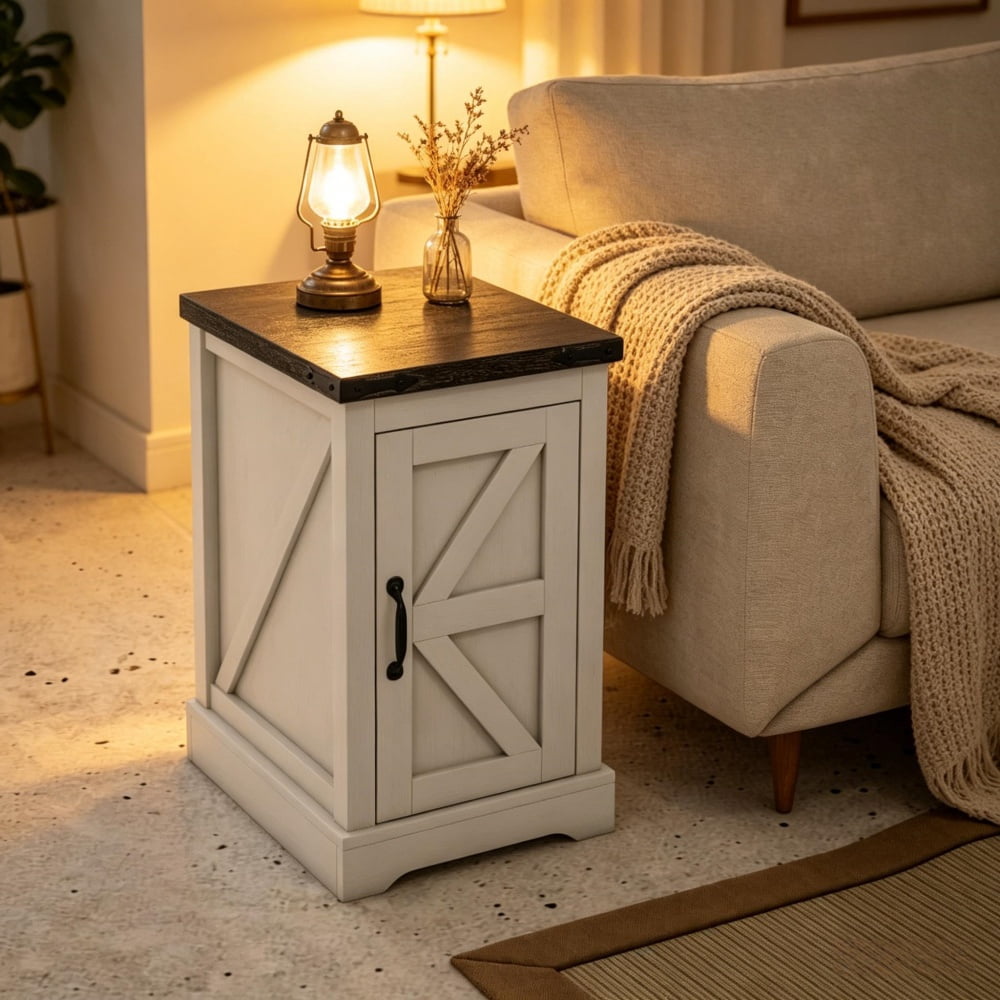 Distressed White Farmhouse End Table with AC Outlets & USB Ports, 2-Tier Storage Cabinet with Barn Door, Anti-Tipping Rustic Side Table for Living Room Bedroom