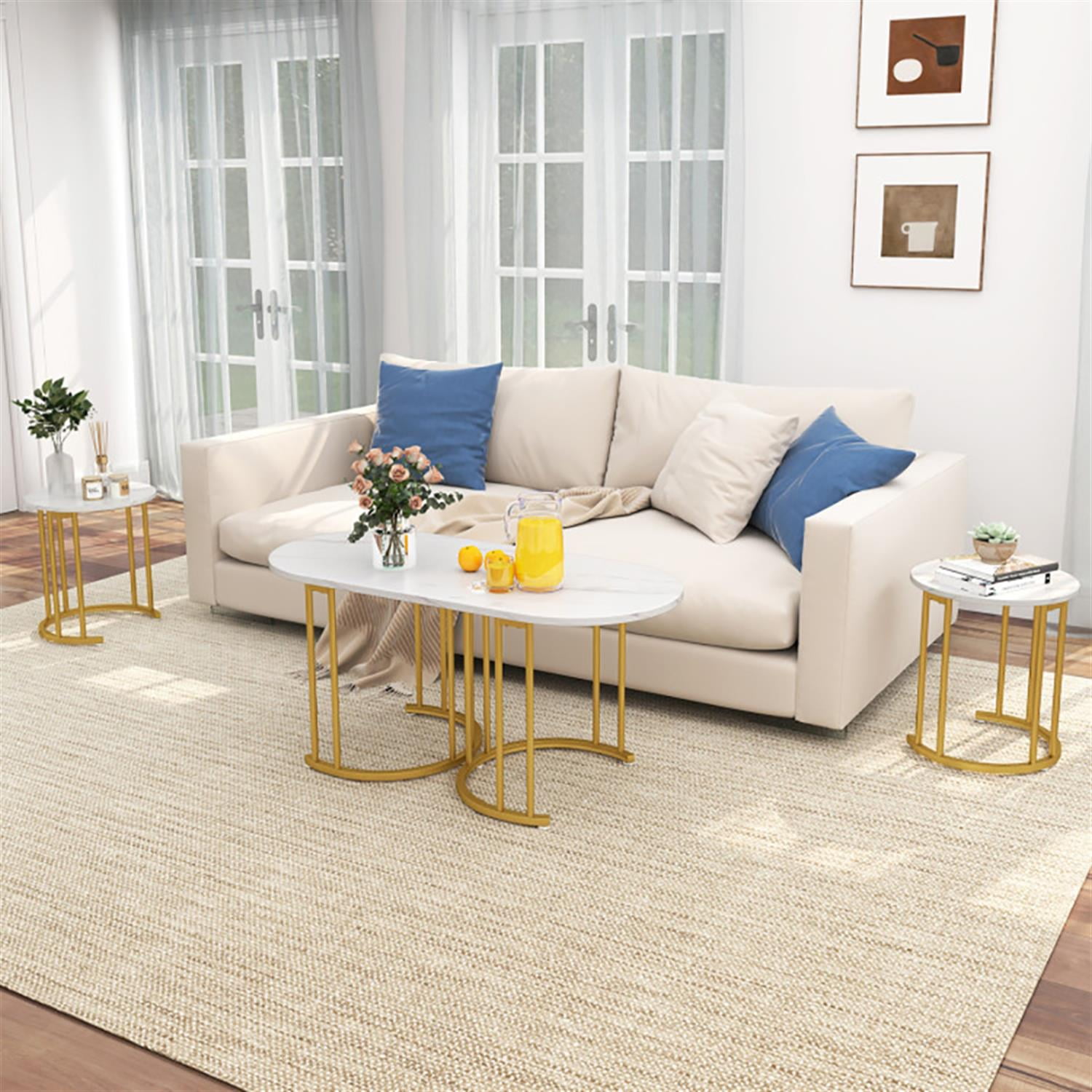 Demi Bonn Coffee Table Set of 3, Powder-coated Gold Metal Frame Dining Center Tables with Faux Marble Tabletop for Living Room, Bedroom, Office and Balcony, White