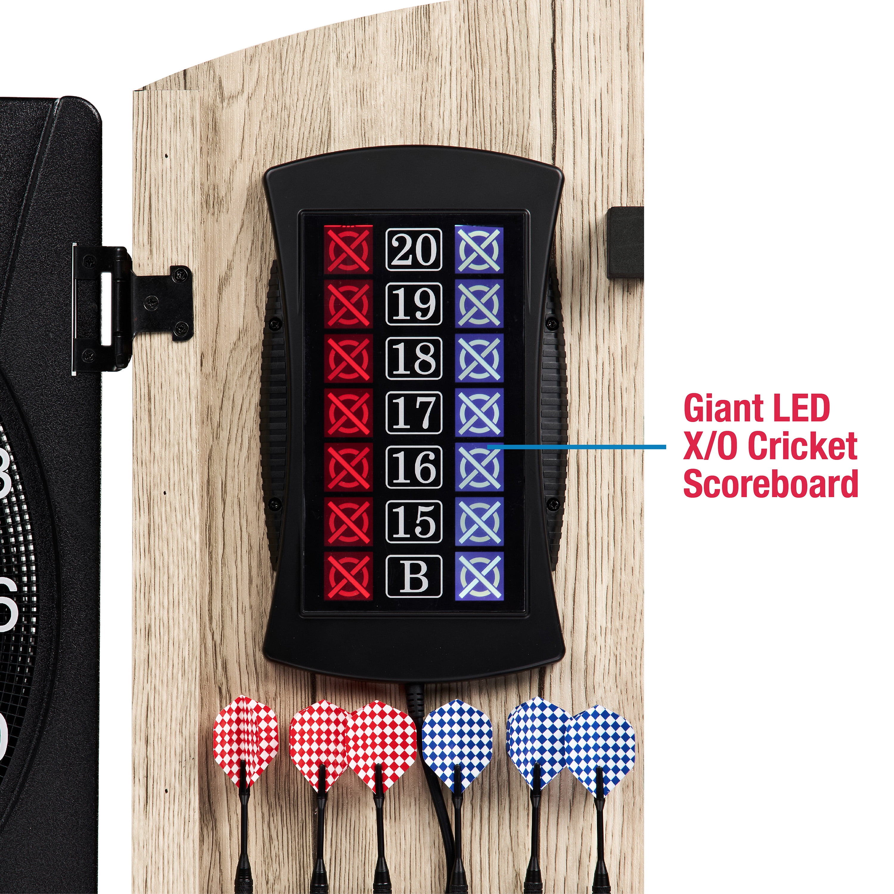 Elmhurst Electronic Dartboard Cabinet with Digital X/O Cricket Scorekeeping, Soft Tip Darts, by MD Sports