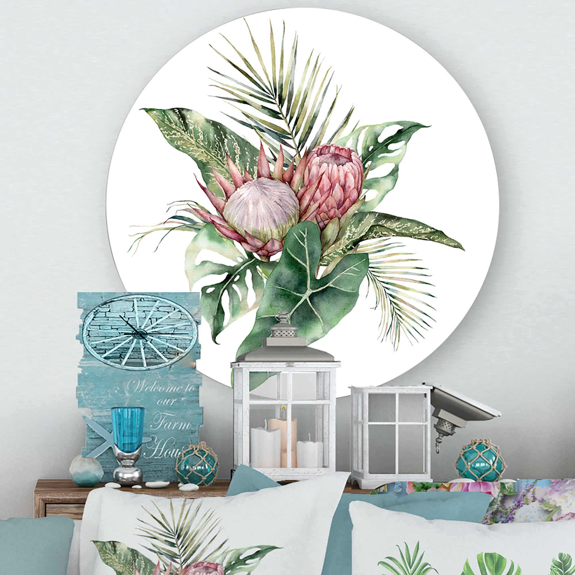 Designart 'Queen Proteas Palm & Monstera Leaves' Traditional Circle Metal Wall Art 23x23 - Disc of 23