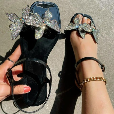 

XIAQUJ Women Shoes Fashion Bright Diamond Bowknot Bright Diamond Sandals Flash Diamond Butterfly Flat Sandals Sandals for Women Black 7(38)