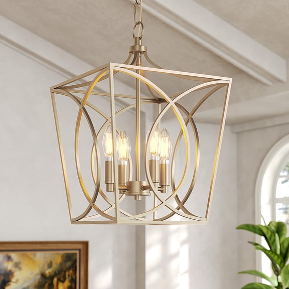 Tribesigns 4-Light Farmhouse Gold Chandelier, Metal Cage Adjustable Industrial Hanging Pendant Light Ceiling Fixture for Kitchen Island, Dining Room, Entryway UL Listed, E12 Base