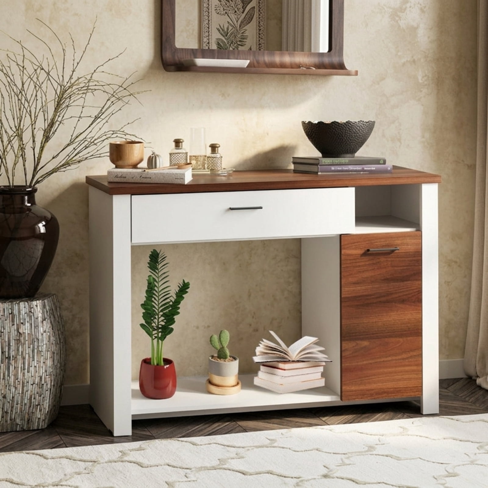 Furnibear 48 Inch Console Table with Drawer Cabinet and Storage Shelf Sofa Table for Entryway Living Room Hallway, White