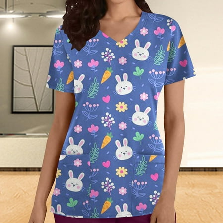 

Ozmmyan Womens Tops Easter Day Scrubs for Women Fashion Woman Solid V--Neck Short Sleeve T-Shirt Printing Loose Blouse Tops