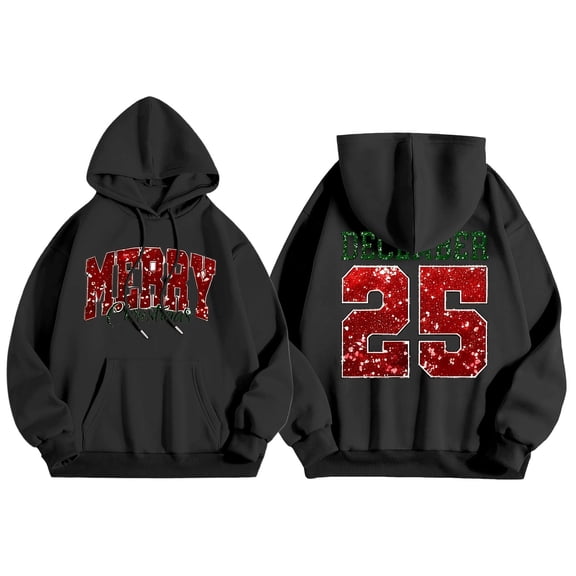 Arlun Christmas Hooded Sweatshirts for Women Merry Xmas Letter Print Hoodies Oversized Long Sleeve Drop Shoulder Drawstring Pullover Tops Winter Fall Fashion Festival Clothes Black S