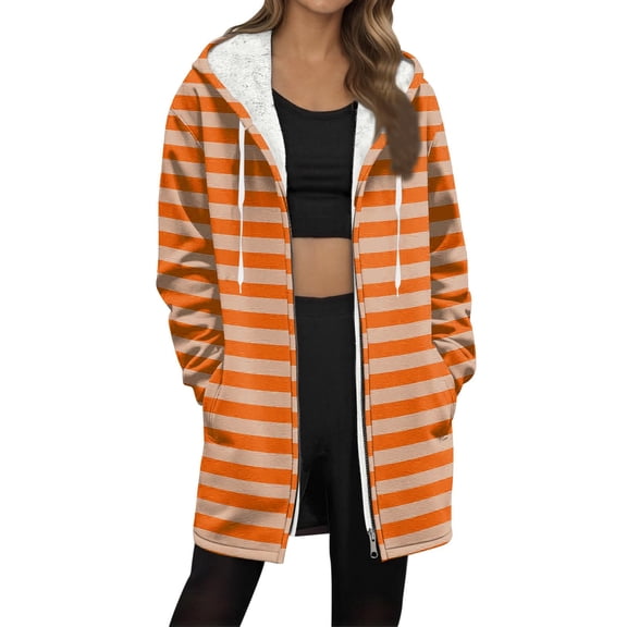 Enjoytime Winter Coats for Women Striped Print Long Sleeve Hooded Zip Up Jacket Fall Fashion 2025 Casual Outerwear