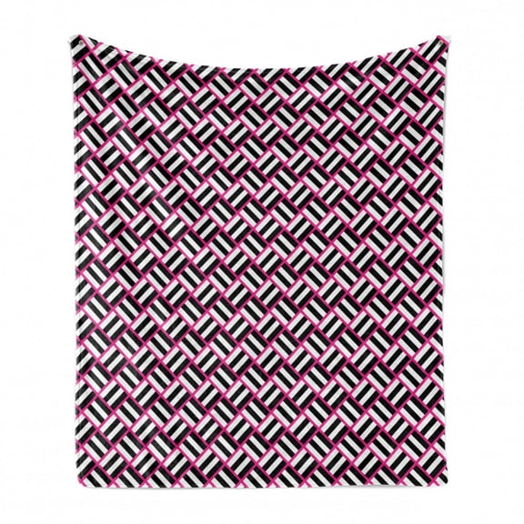Geometric Soft Flannel Fleece Throw Blanket, Modernistic Style Pattern with Abstract Striped Squares Diagonal, Cozy Plush for Indoor and Outdoor Use, 60" x 80", Charcoal Grey White Pink, by Ambesonne