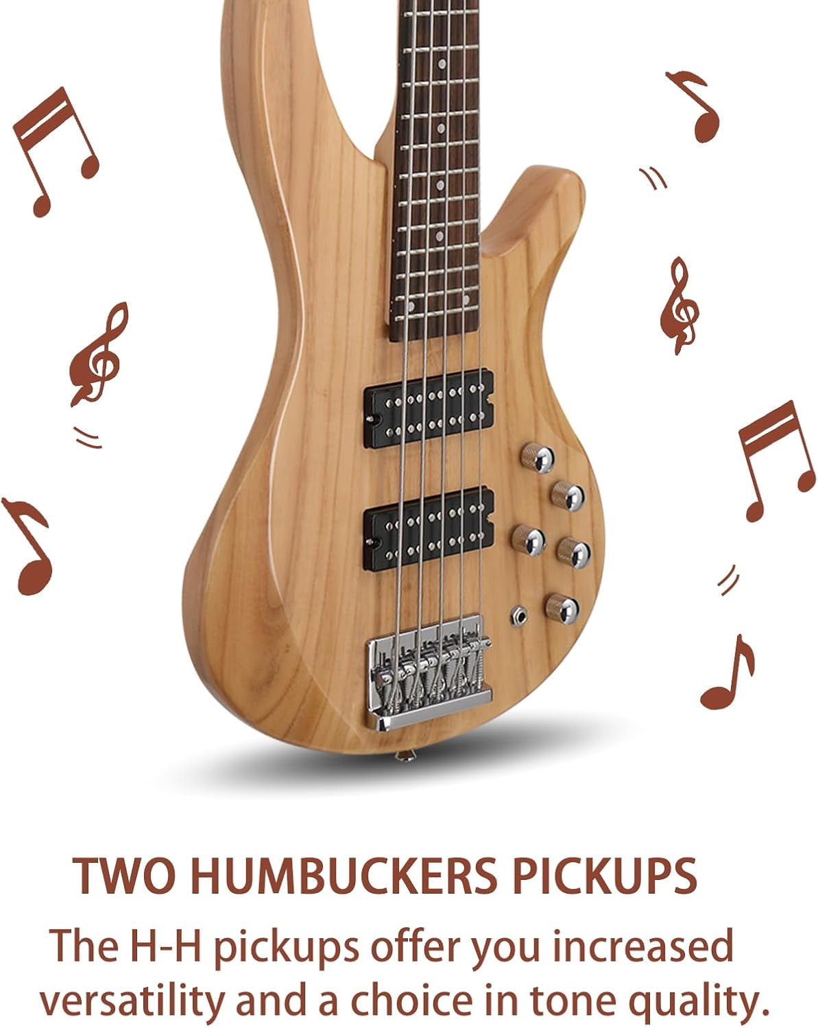 HarmonyStrings 5 String Electric Bass Guitar, Full Size Standard Right Handed Rosewood Fretboard Bass Kit with Gig Bag Strap Cable Wrench Tool Upgraded Natural
