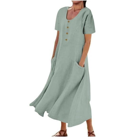 bnaln Summer Dresses for Women Sale - Women's Summer Cotton Linen Long Dress Button Crewneck Short Sleeve Elegant Flowy Dresses Plus Size Loose Beach Vacation Sundresses with Pockets