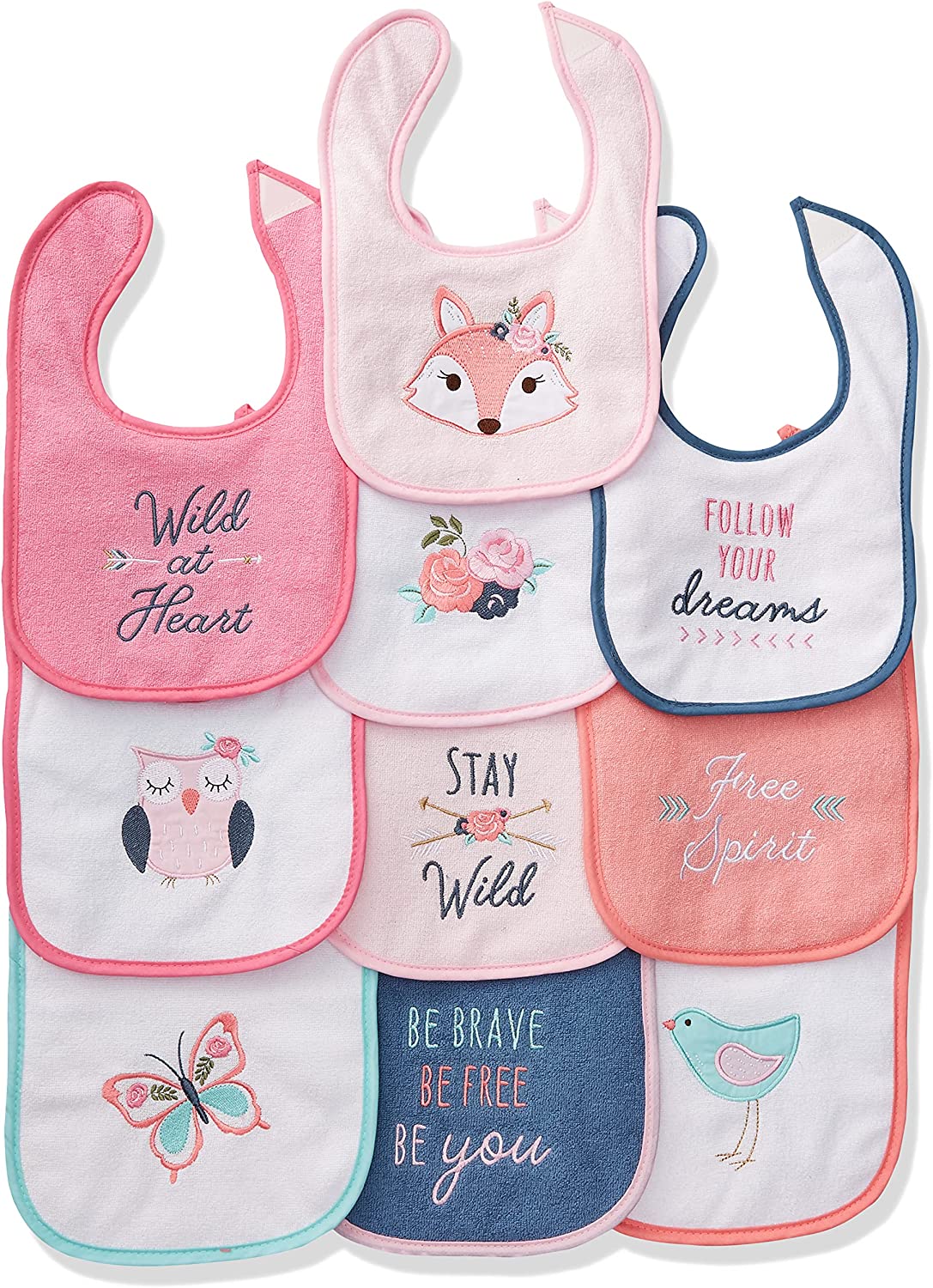 Hudson Baby Infant Girl Cotton Terry Drooler Bibs with Fiber Filling 10pk, Girl Fox, One Size