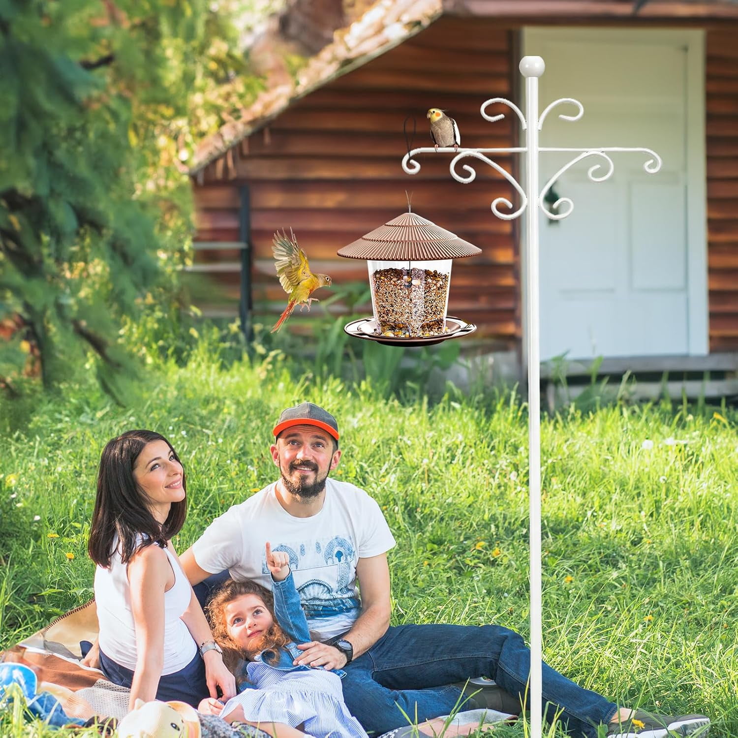 Bird Feeder Pole for Outdoors Heavy Duty Squirrel Proof, 2 Pack 63 Inch Adjustable Tall Shepherds Hooks for Outdoor with 7 Prongs Base, Double Shepherd Hooks (2 Pack White, 63 Inch)