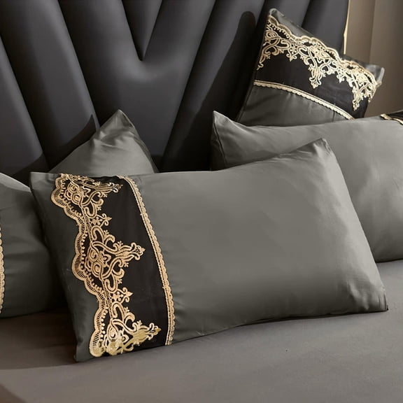 100% Polyester Lace Pillow Cases Queen Size Set of 2 - Gray Good Feeling Pillowcases 2 Pack with Envelope Closure, Elegant Lace,Softer and Breathable Pillow Case(19x29'')