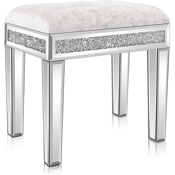 BOBOKY Mirrored Vanity Stool with Storage, Upholstered Velvet Ottoman, Makeup Dressing Table Bench with Sparking Diamonds, Silver, Velvet Vanity Stool