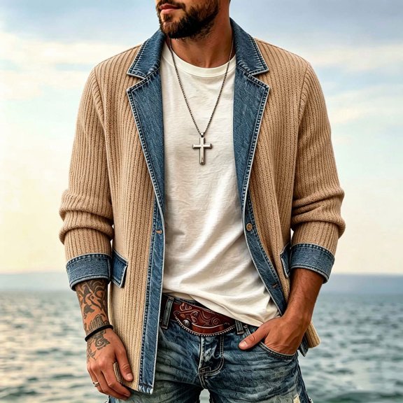 THNCYX Color Block Knit Open Front Jacket Single Button Long Sleeve With Pockets Casual Soft Textured Fashion Layering Outerwear S-2XL