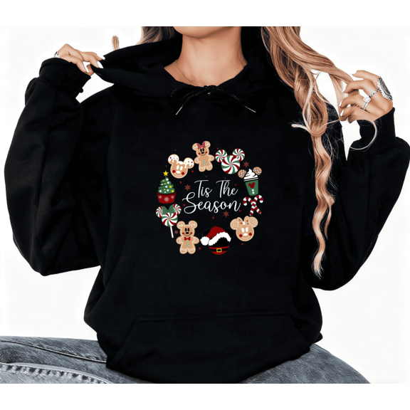 Cute Candy Graphic Tee T-Shirt Tis The Season Mickey Christmas Print Top Hooded long-sleeved Black S-2XL