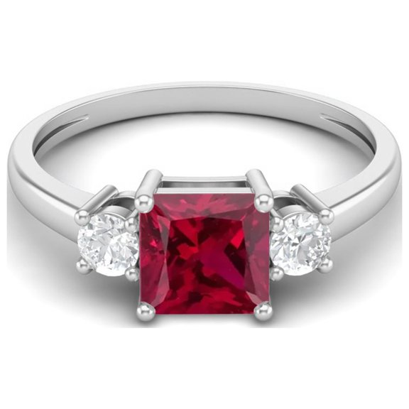 0.95 Ctw Princess cut Square Ruby Glass Field 925 Sterling Silver Trio Stone Dainty Women Valentines Day Gifts Ring