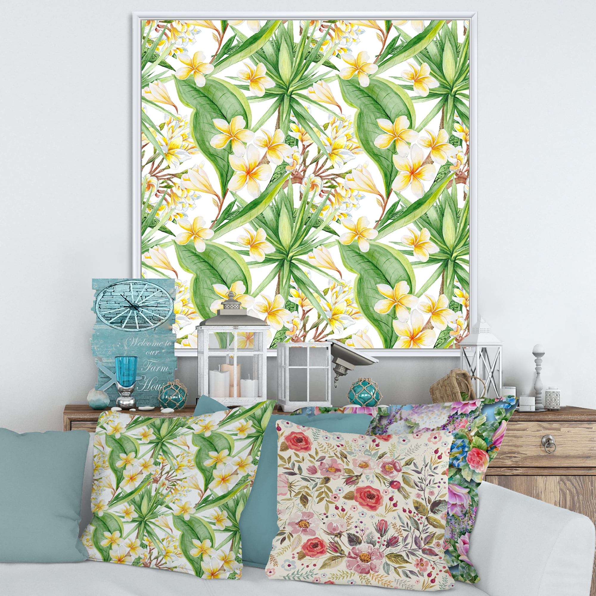Yellow Flowers and Tropical Foliage IX 36 in x 36 in Framed Painting Canvas Art Print, by Designart