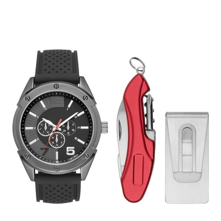 Metal Wrist Watch Gift - Men's Gun Metal Watch Gift Set with Multi-Tool and Money Clip