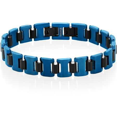 Crucible Blue and Black IP Dual-Finish Stainless Steel Cylinder Link Bracelet (13mm), 8.5