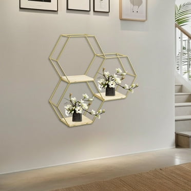 HongMinWen Modern Metal Wall Shelf Set of 3, Hexagonal Floating Shelves in Different Sizes, Simple Wood Partition Storage Shelves for Bedroom, Living Room, Kitchen and Office