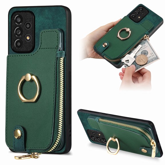 Nalacover Case for Samsung Galaxy A52 5G Wallet Case with Card Holder & Zipper Pocket, 360° Rotation Ring Kickstand Premium PU Leather Cover, Shockproof Magnetic Button Flip Stand Phone Case,Green