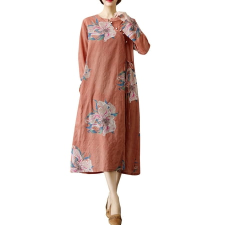 

OWSOO Women Vintage Long Sleeve Dress with Pockets Floral Printed Loose Casual Dress