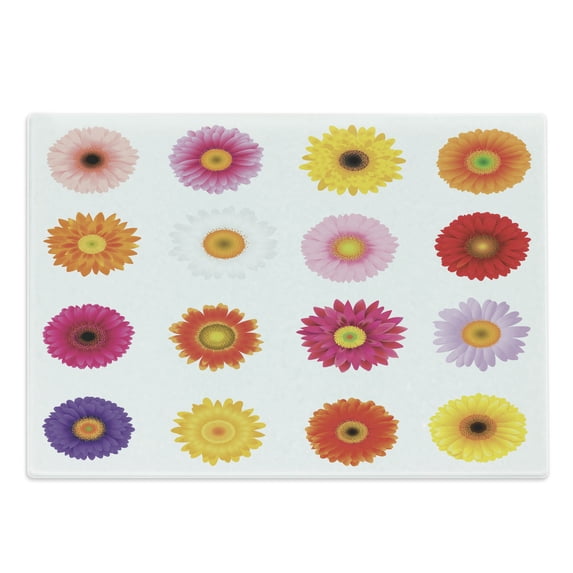 Gerber Daisy Cutting Board, Various Colorful Petals on Plain Backdrop Summer Flora Romance Print, Decorative Tempered Glass Cutting and Serving Board, in 3 Sizes, by Ambesonne