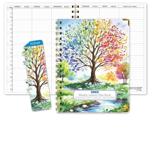 Elan Publishing Company Teacher Planner 2025-2026 Academic Year, 7 Period Dated Teacher Lesson Planner, Days Horizontally Across The Top, Hardcover with Bonus Clip-in Bookmark, 8.5"x11", Tree Seasons