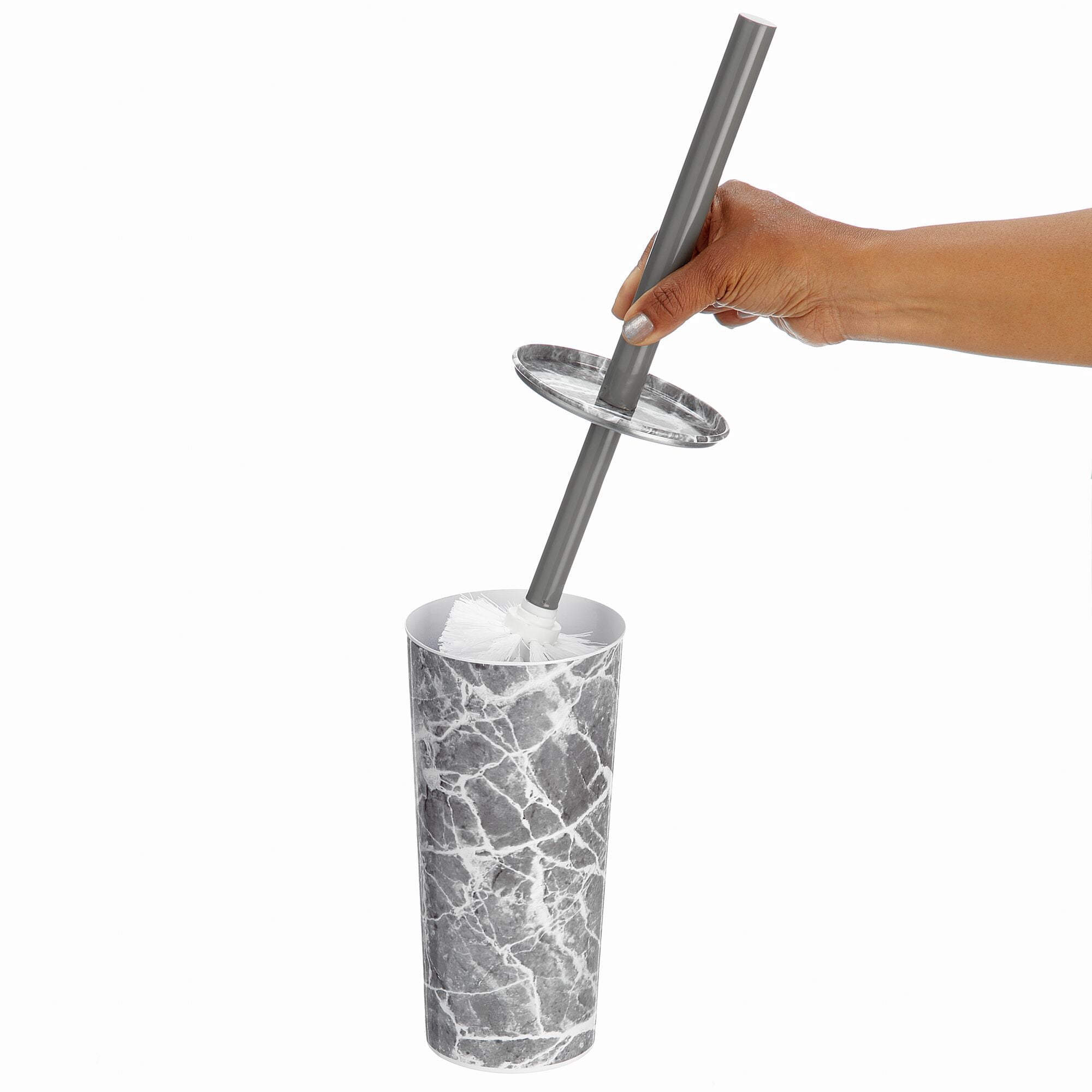 mDesign Stainless Steel Toilet Bowl Brush and Holder Set, Modern Metal Compact Storage Organizer Cleaner Scrubber for Toilet - Heavy Duty Cleaning Plunger for Bathroom, Mirri Collection, Gray Marble