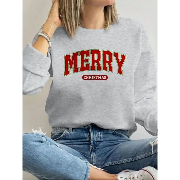 Women Christmas Sweatshirt Merry Christmas Graphic Shirt Casual Crewneck Long Sleeve Gray Top
