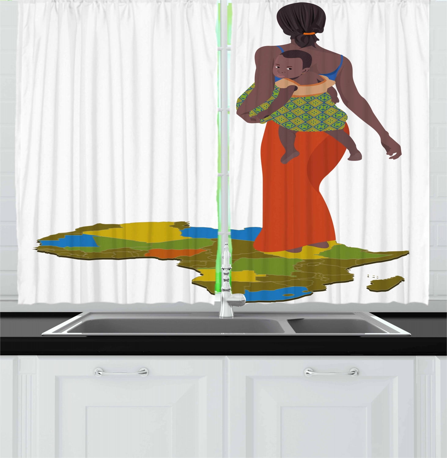 African Woman Curtains 2 Panels Set Mother Carrying Baby Girl On Her Back Africa Country Culture Continent Map Window Drapes For Living Room Bedroom 55w X 39l Inches Multicolor By Ambesonne