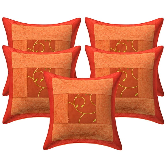 Stylo Culture Indian Sofa Throw Pillow Covers Embroidered 16 x 16 Brocade Patchwork Orange Traditional 40cm x 40cm Lounge Decor Polydupion Floral Square Cushion Covers | Set Of 5
