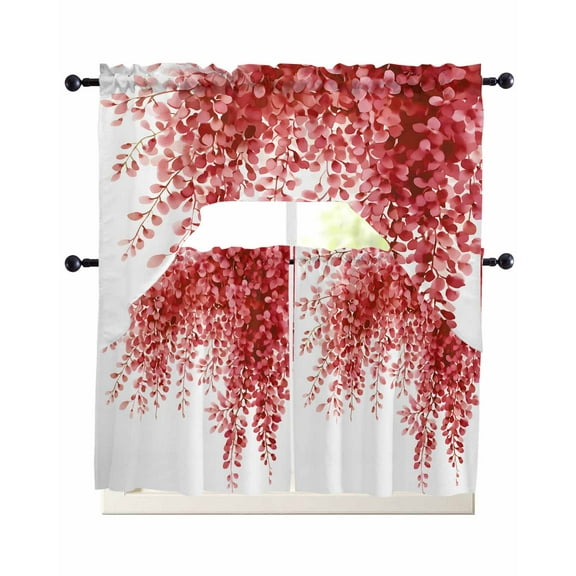 Red Eucalyptus Leaves Kitchen Curtains Sets 24 Inch Length with Valance, Spring Botanical Swag Valances and Tiers Curtain Set Drapes Swag Curtains for Living Room, Bathroom, Bedroom, Cafe