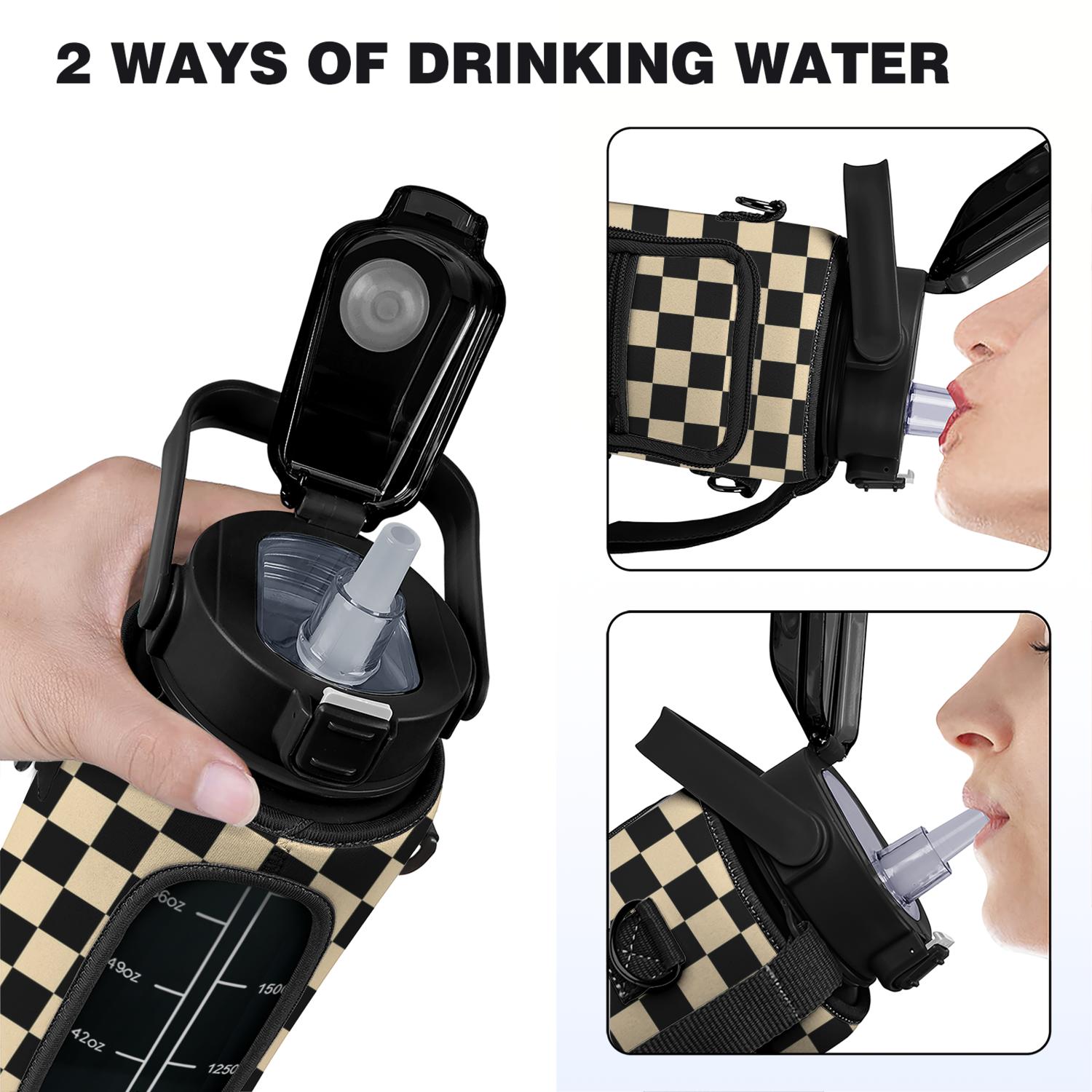 Checkerboard Brown 64 Oz Half Gallon Water Bottle with Sleeve - BPA Free Leakproof Sport Large Plastic Water Bottle with Straw Strap & Insulated Neoprene Holder Carrier Bag Great Gift for Women Men