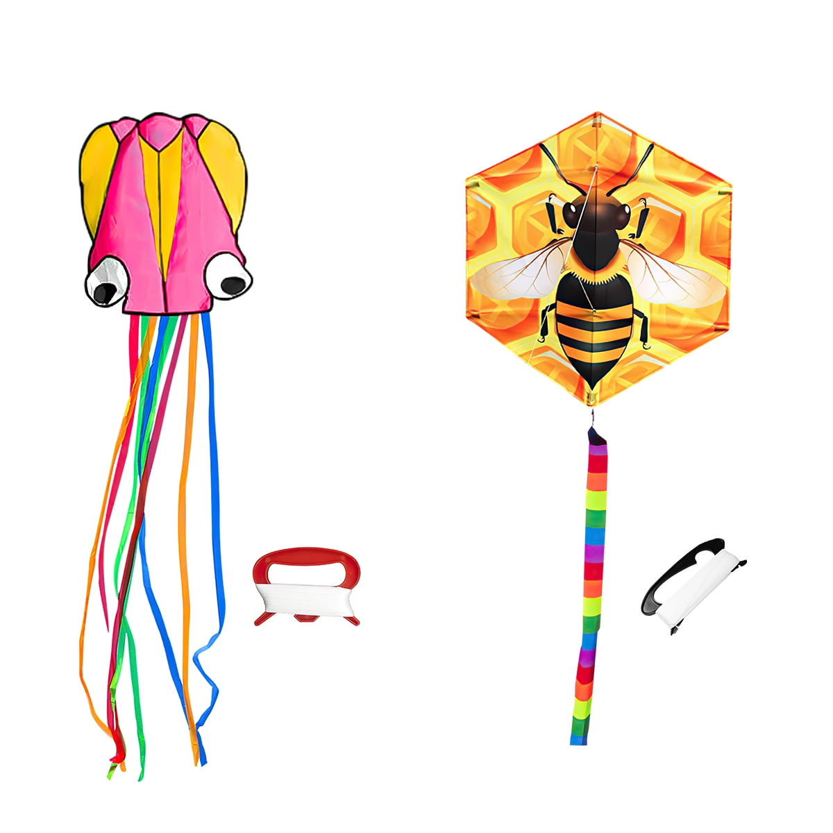 2 Pack Outdoor Flying Kite, Children Cartoon Animal Kite with Tail and Handle, Bee+Pink Octopus