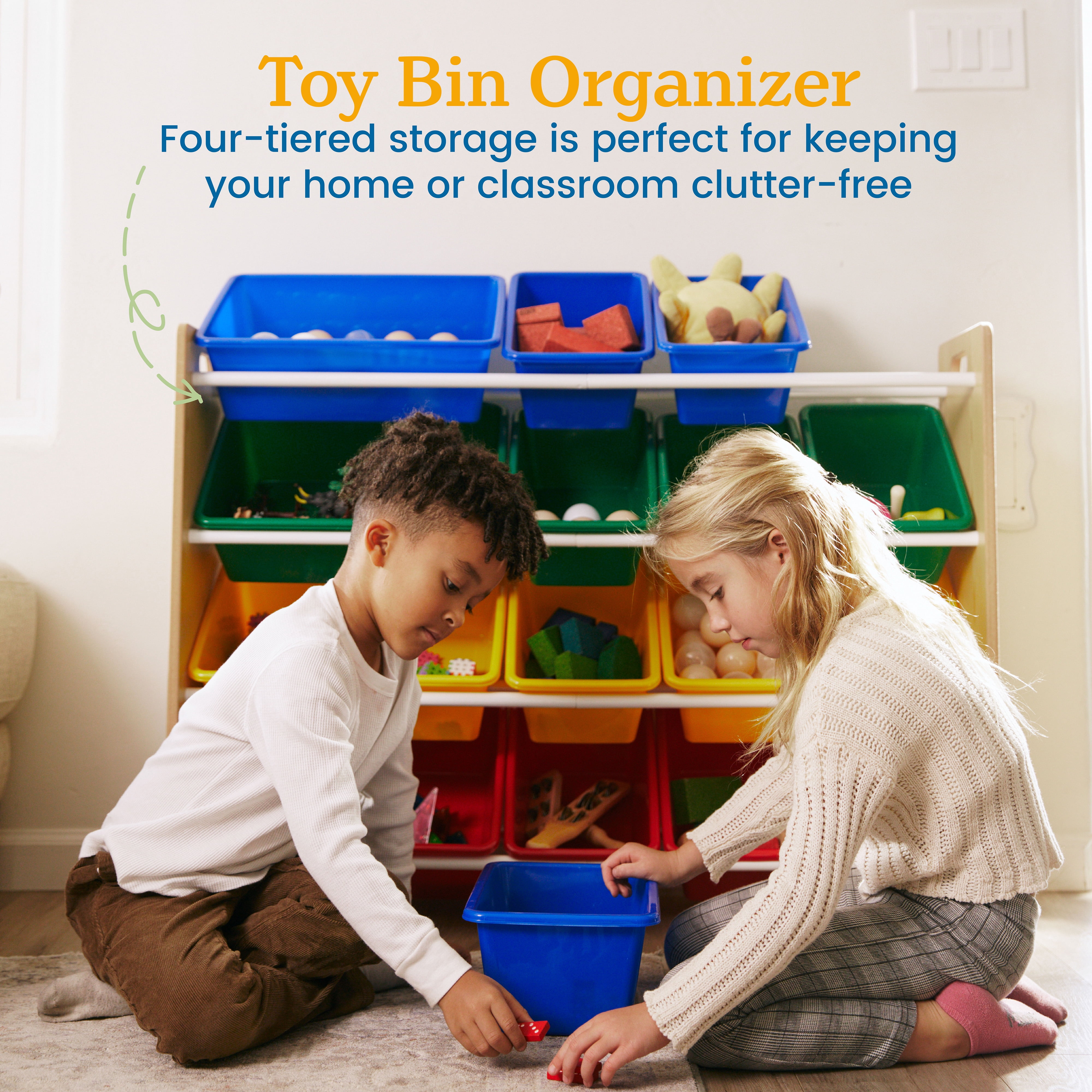 ECR4Kids 4-Tier Organizer with 16 Removable Plastic Bins, 4x4, Toy Storage, Natural/Primary