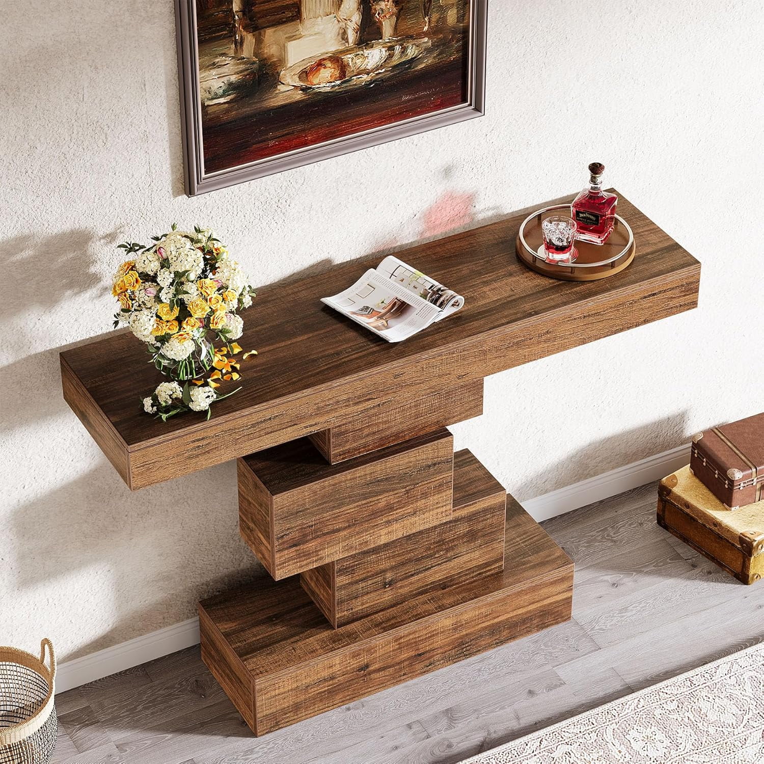 Tribesigns 42.5" Farmhouse Console Table, Wood Sofa Table for Living Room, Rustic Brown