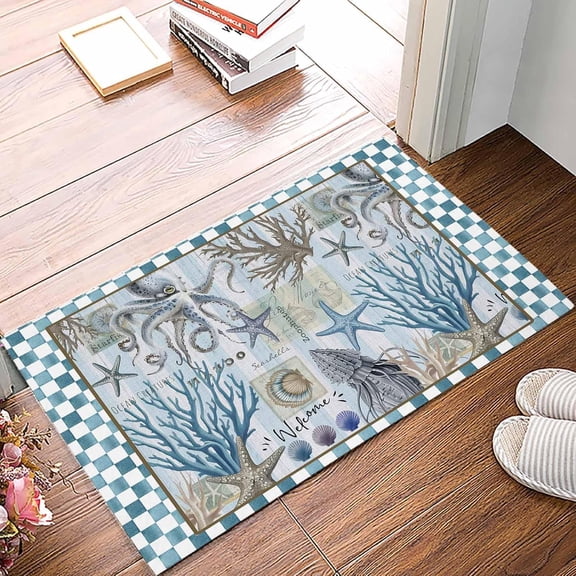 Doormat - Blue Beach Coastal, Coral Starfish Design, 16x24 Inch