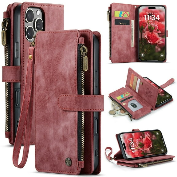 CaseMe Case for iPhone 16 Pro Wallet Case for Women Men, Fashion Durable PU Leather Magnetic Flip Lanyard Strap Wristlet Zipper Card Holder Wallet Phone Case for iPhone 16 Pro 6.3-inch,Red