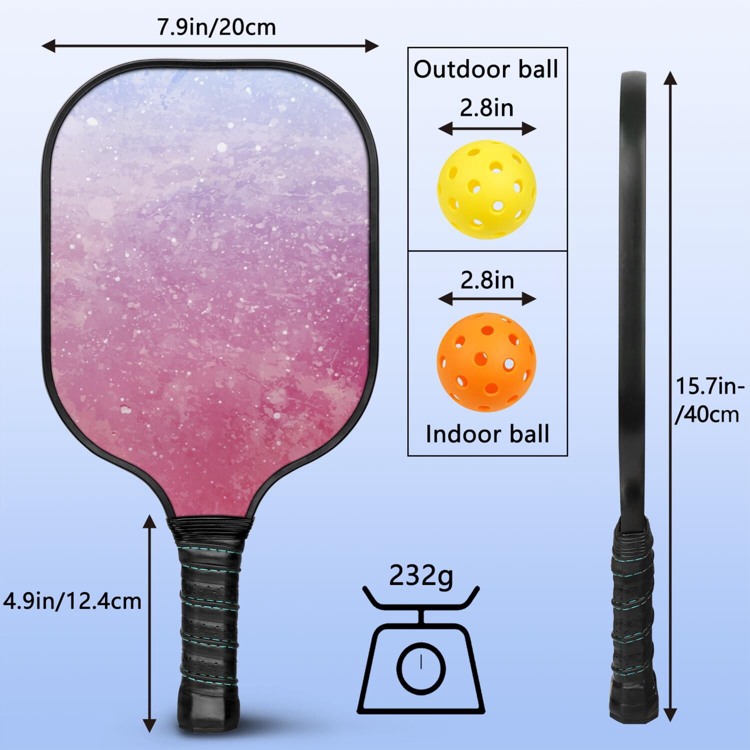 Pickleball Paddles Set Of 2, Fiberglass Surface, Ice Crystal Print, 4 Balls & Bag