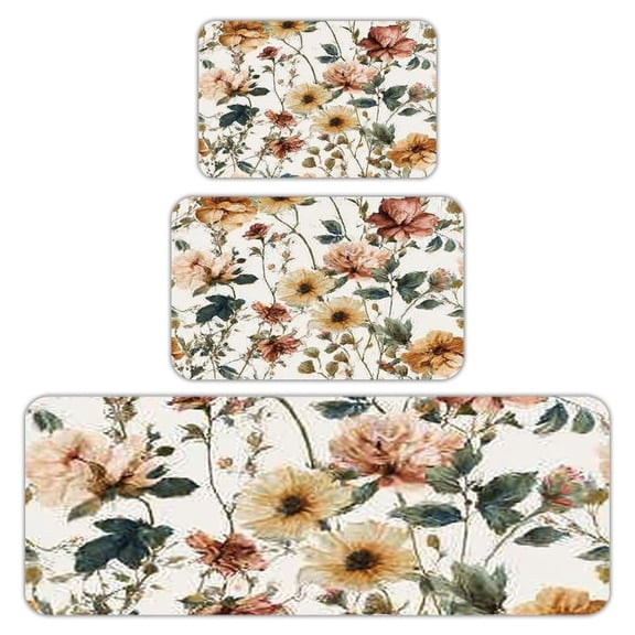 RKSupls Kitchen Rug Set 3 Piece Anti-Slip Flannel Floor Mats, Vintage Flowers Pattern Washable Absorbent Runner Mats for Kitchen Bathroom Home Decor