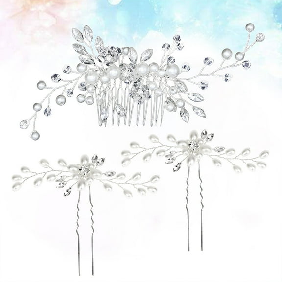 MLINS Silver Pearl Hairpins for Bridal Hair Accessories Elegant Bead Crystal Rhinestone Decorative Set 3 Pcs