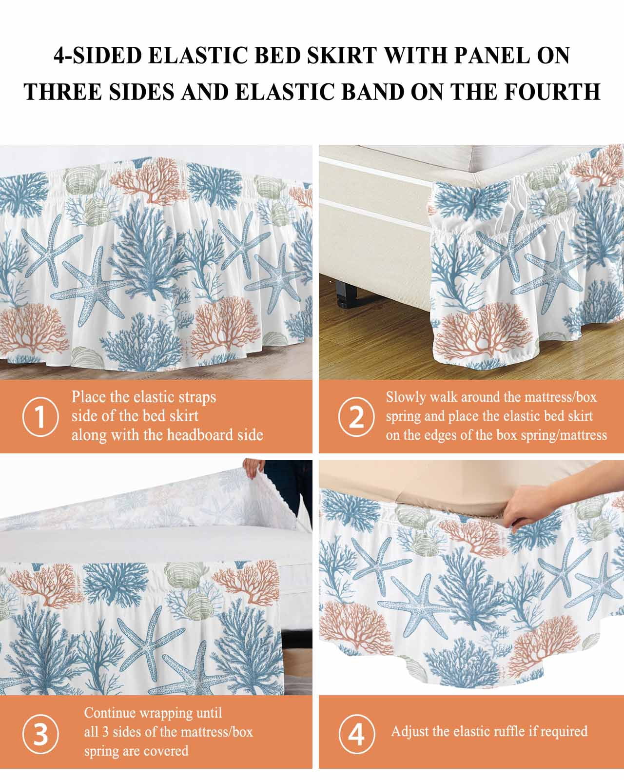 Blue Coastal Coral Wrap Around Bed Skirts for Queen Bed 16" Drop, Bed Skirt with Adjustable Elastic Belt Dust Ruffle Bed Valance for Bedroom Hotel Luxury Ocean Starfish Nature Plant Bed Frame Cover