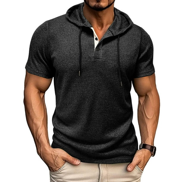 pstuiky camisetas para hombre, Camiseta informal de manga corta con cuello redondo y botones de color liso para hombre camisas casuales para hombre m
