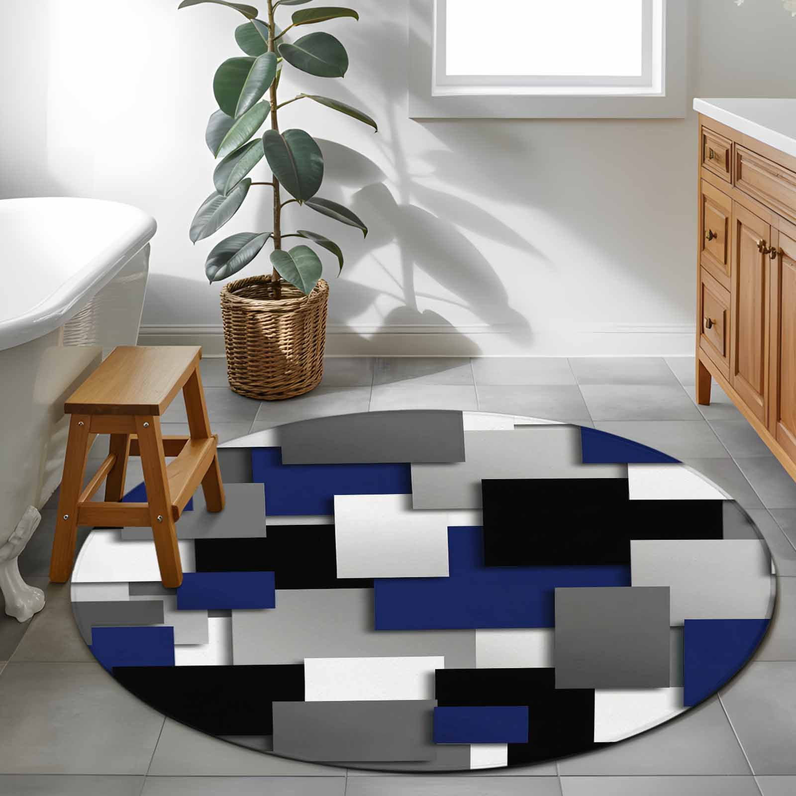 Navy Blue Black Geometric Round Rug 3ft Washable Circle Entryway Rugs Non Slip Modern Abstract Art Block Area Rug Indoor Floor Carpet for Bedroom Kitchen Living Room Home Office Dining Room Nursery