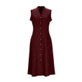 thumbnail image 2 of BLTIBY Women's V Neck Dresses Button Down Sleeveless Elegant Pleated Swing Denim Midi Midi Dress Casual Dresses Red 3XL, 2 of 8