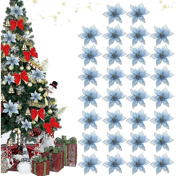 30 Pcs Christmas Poinsettia Decorations For Xmas Tree (blue)