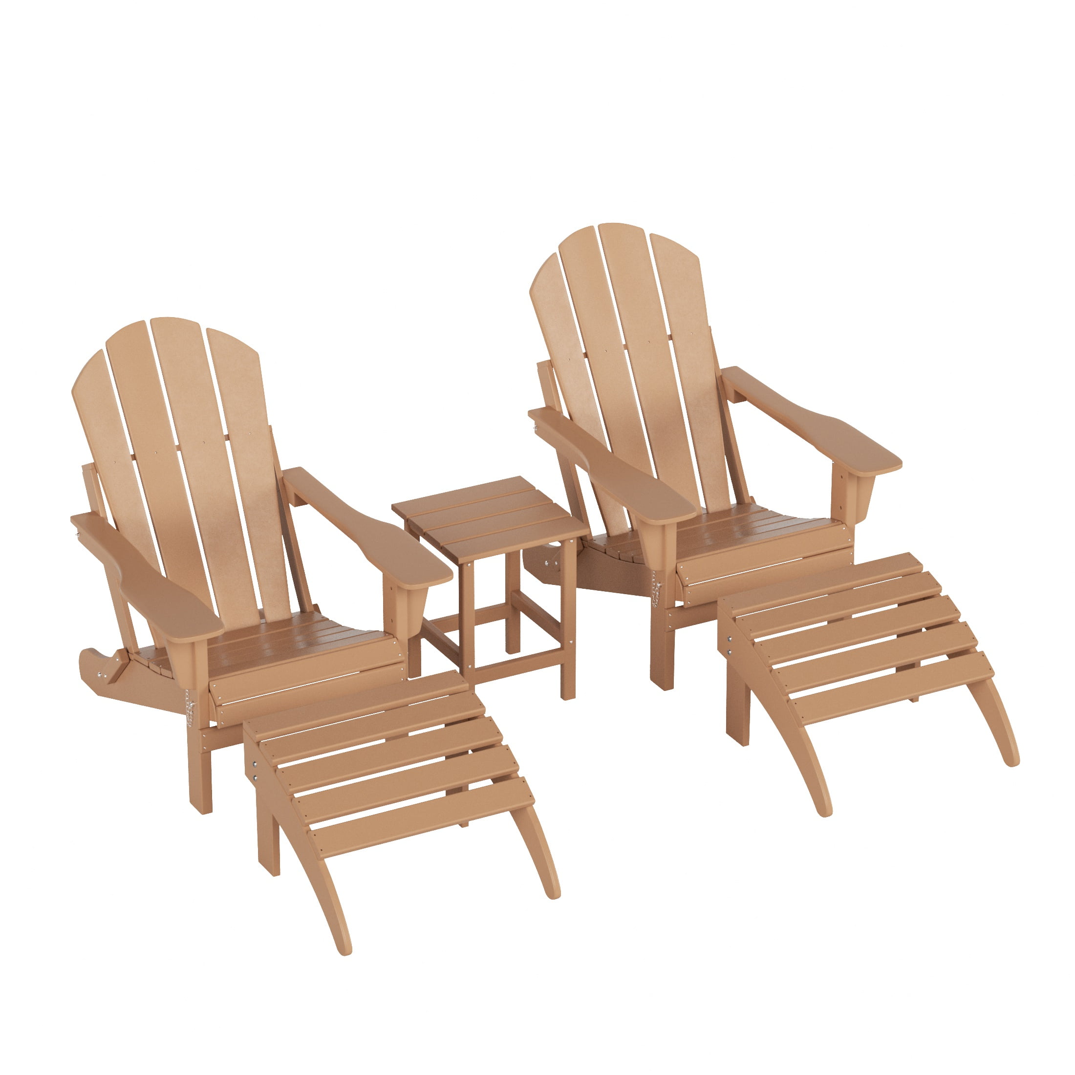 WestinTrends Malibu 5-Piece set classic Adirondack chairs with ottoman and a small coffee table (2 seater), Teak